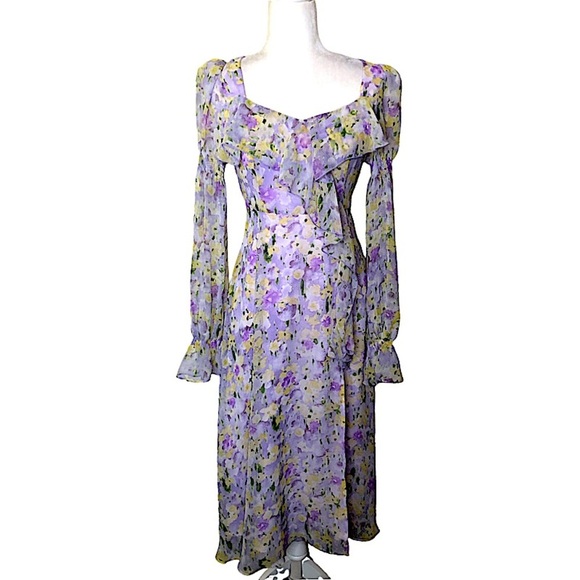 D-PLAY Floral Purple Midi Spring Dress Square Neckline Ruffle Easter Feminine - Picture 1 of 16